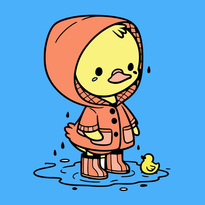 baby duck in a rain coat and boots, in a puddle while it’s raining