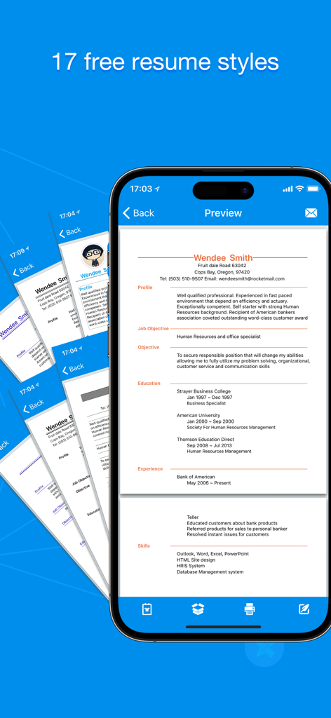 Quick Resume Pro - Mobile preview of 17 professional resume styles in Quick Resume Pro
