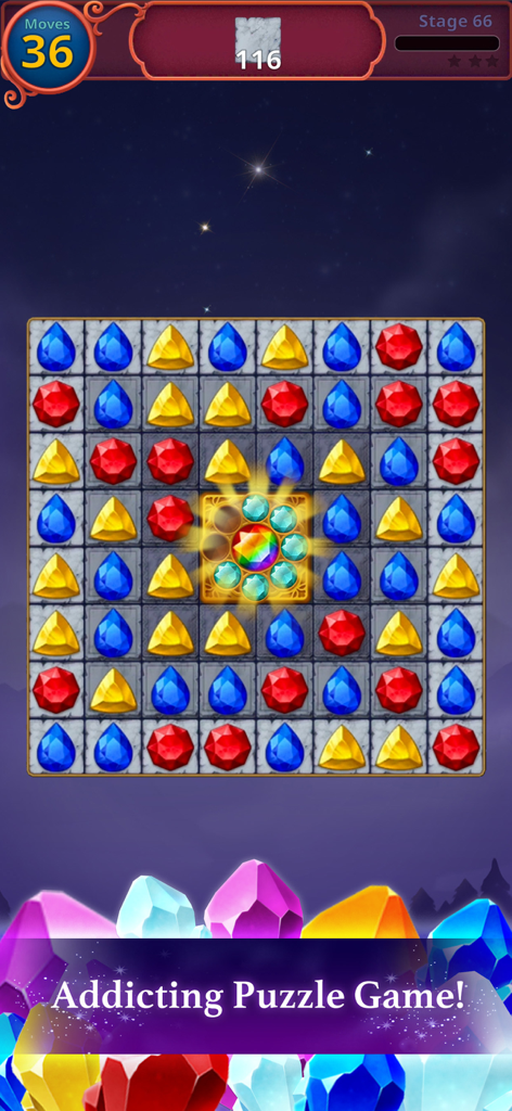 Jewels Magic Mystery Match 3 gameplay showing a colorful gem puzzle board and special rainbow jewel power up.