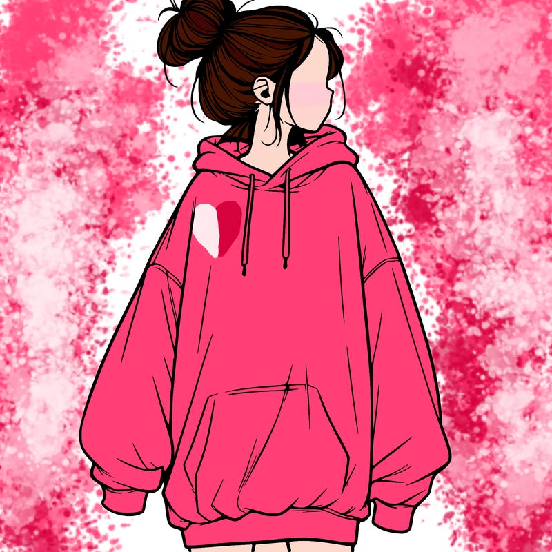 realistic girl with a oversized sweatshirt on and a bun