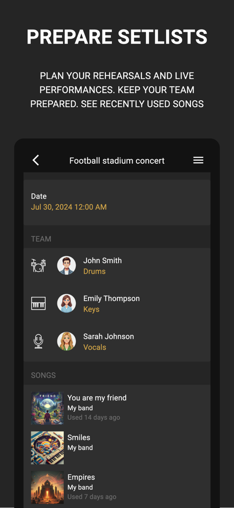 Bandfix: Songbook & Setlists - Bandfix app screen showing setlist preparation with team members and song list