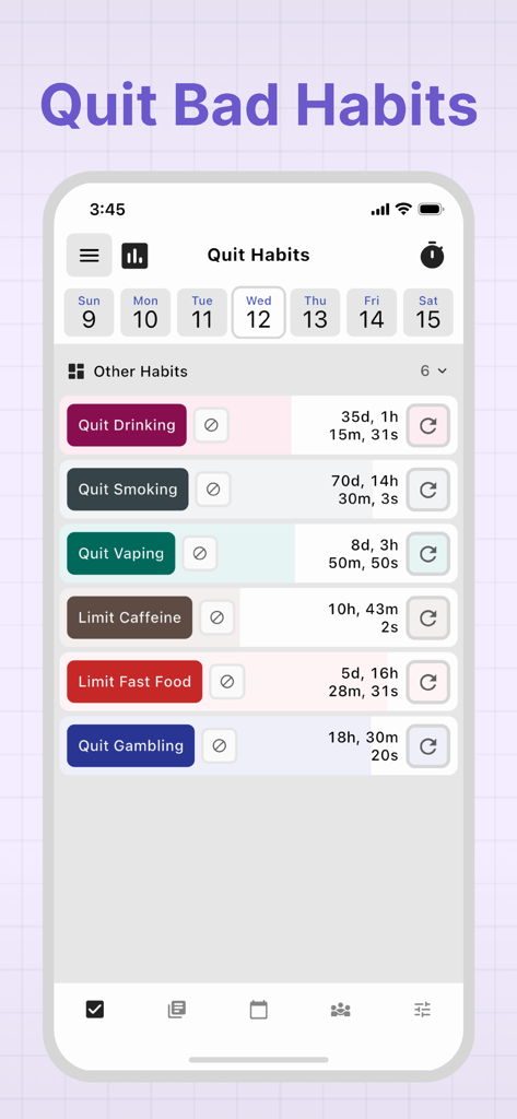 HelloHabit - Habit Tracker - HelloHabit app interface showing a list of quit trackers for alcohol, smoking, vaping, and gambling with time counters.