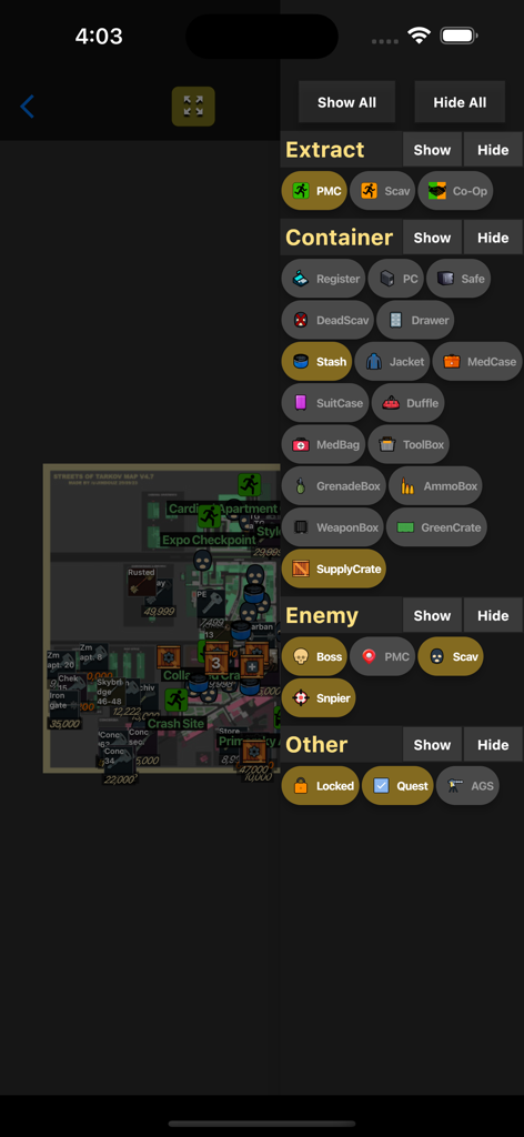 Database for Tarkov - Screenshot of the interactive map filter interface showing options for extract locations loot containers and enemy types