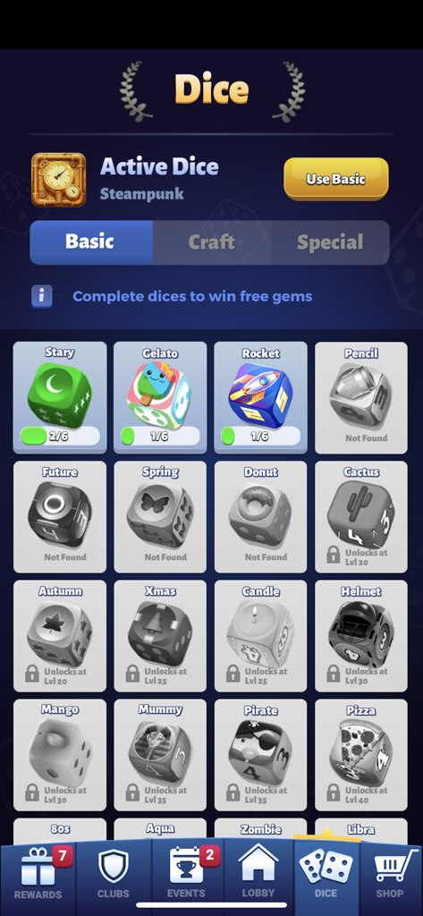 Menu di Ludo Titan che mostra una varietà di skin per dadi collezionabili e sbloccabili