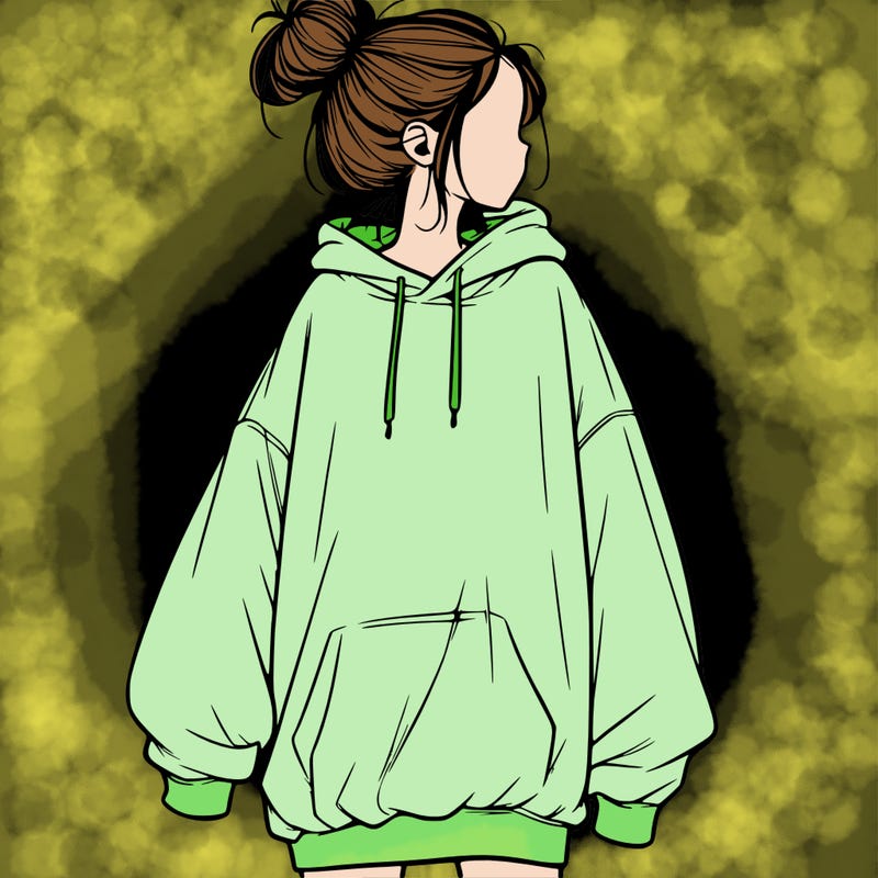 realistic girl with a oversized sweatshirt on and a bun