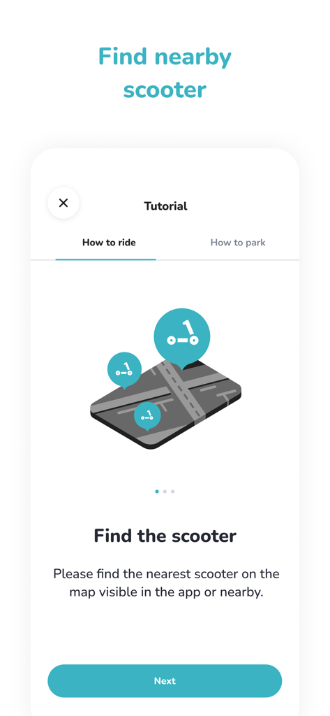 ISLA RIDE - Tutorial screen of the Isla Ride app showing an illustration on how to find nearby scooters on a map.