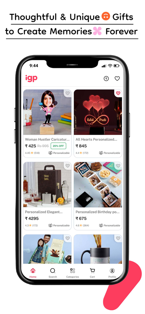 IGP: Gifts, Flowers & Cakes - Écran de smartphone affichant des options de cadeaux personnalisés dans l'application IGP