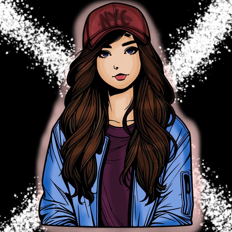 realistic teenagegirl with jacket and wearing a cap on her head with longhair