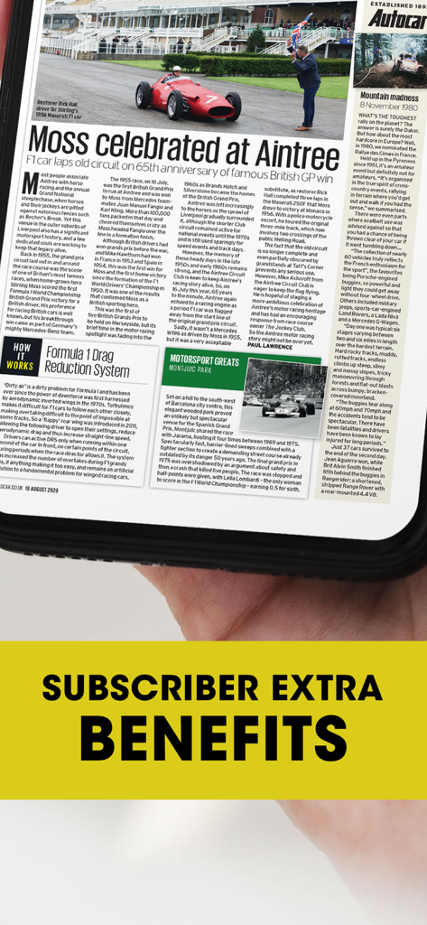 Pantalla de smartphone mostrando un artículo de la revista Autocar sobre automovilismo clásico y beneficios para suscriptores.