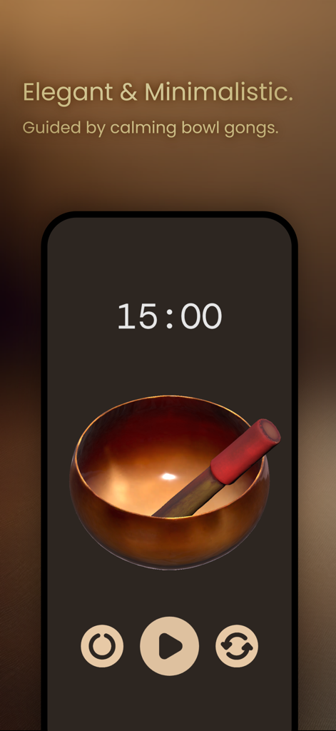 Bowl Timer - Interfaz minimalista de temporizador de meditación con un cuenco tibetano y una cuenta regresiva de quince minutos