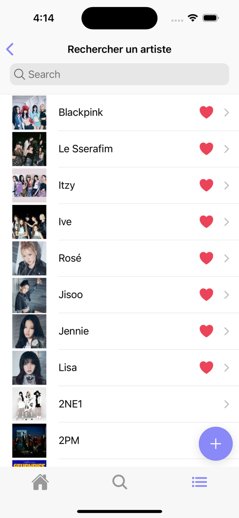Bibliocards - A list of K-pop artists including Blackpink and Le Sserafim on the Bibliocards app search screen.