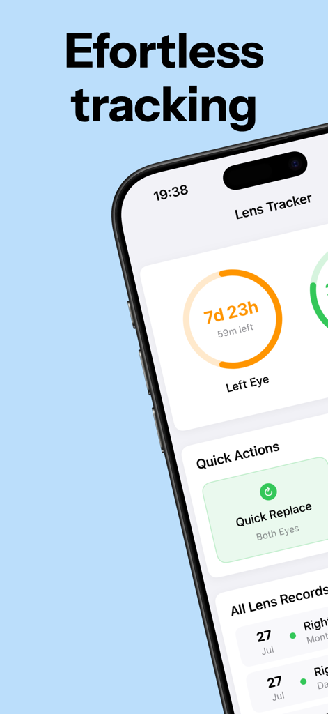 Mobile app interface of Lens Tracker showing a countdown for contact lens replacement and quick action buttons.