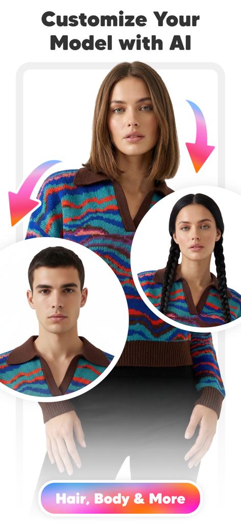 AI Fashion Model Maker: Diress - Mobile app interface showing AI customization of fashion models for hair and facial features