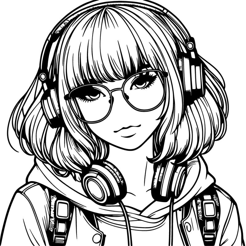 realistic teenagegirl with bangs in her hair headphones and wearing glasses and a jacket with a hoodie