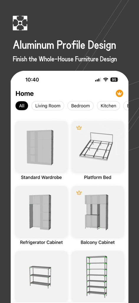 iMake-Profile Furniture Design - iMake app screen displaying furniture design presets like wardrobes and beds using aluminum profiles