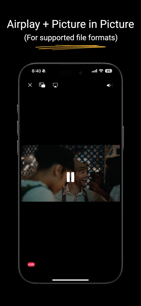 IPTV Player: M3U & Xtream - Bolt IPTV player interface on iPhone showing Airplay and Picture in Picture features