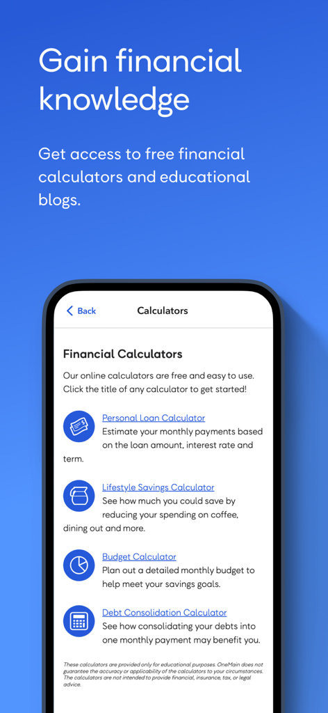OneMain Financial app screen displaying a list of free financial calculators for personal loans budget and debt consolidation