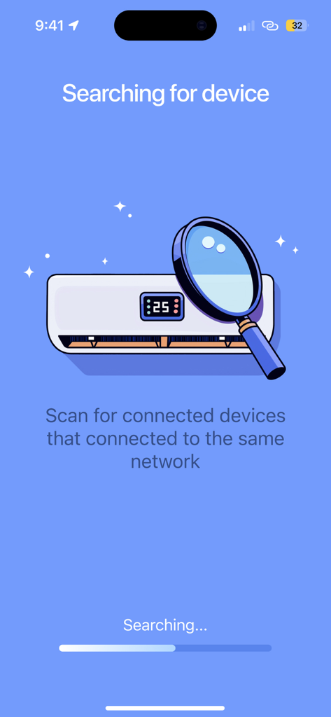 Smartphone app screen showing a search for air conditioning units on the same network with a magnifying glass illustration.