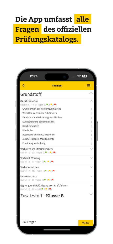 ADAC Führerschein - Ein mobiler Bildschirm der ADAC Führerschein-App, der Lernbereiche der Führerscheintheorie wie Gefahrenerkennung und Verkehrsregeln auf Deutsch auflistet