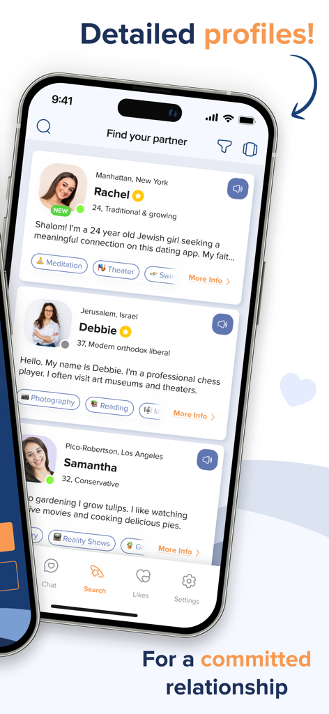 JWed app interface showing detailed profiles of Jewish singles for committed relationships.