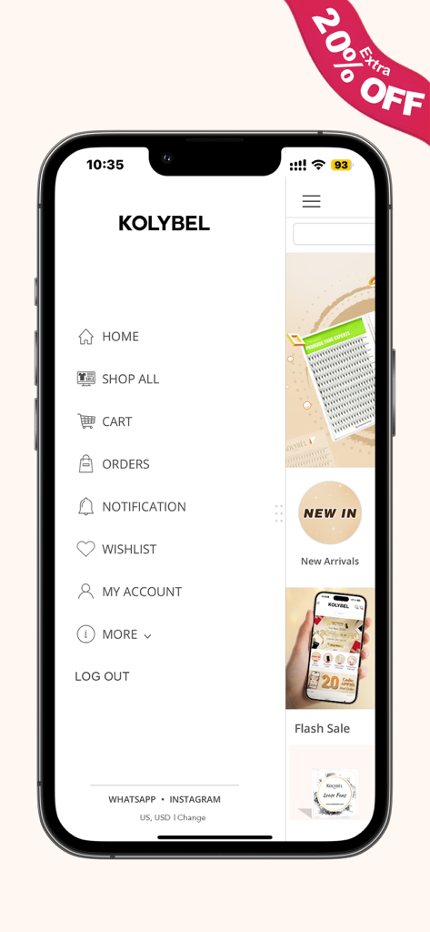 Kolybel Lash - Side navigation menu of the Kolybel Lash mobile app for professional eyelash supplies