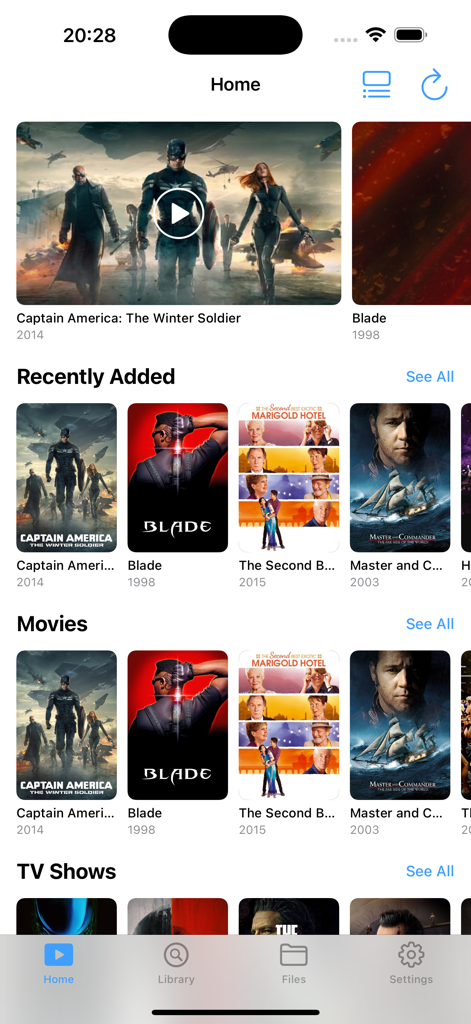 BeeJoy app home screen showing movie and tv show library