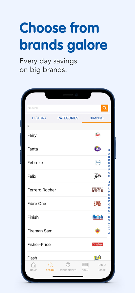 A smartphone screen showing the B&M Stores app brands directory with various popular brands like Fanta and Febreze