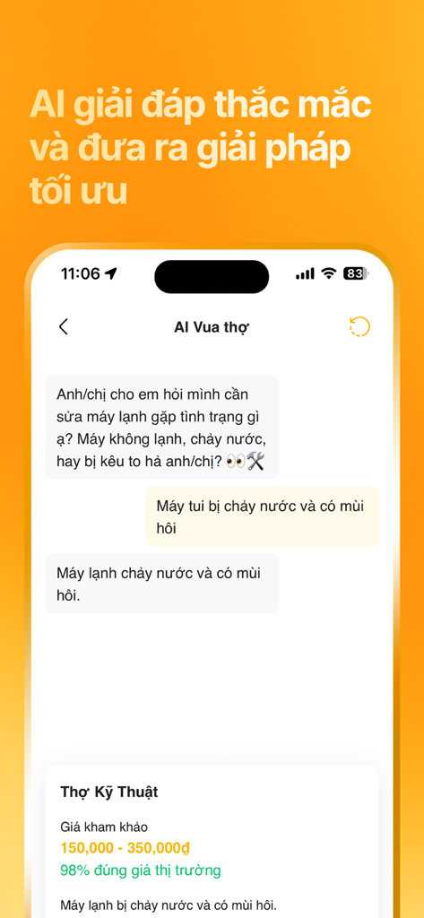 Vua Thợ app interface showing an AI assistant helping a user with home repair diagnosis and pricing.