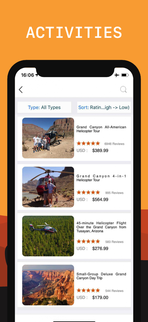 등급 및 가격이 포함된 그랜드 캐니언 헬리콥터 투어 및 당일 여행 목록