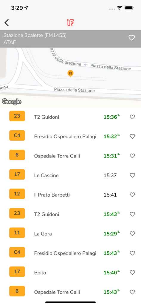 Horarios de llegada de autobuses en tiempo real e información de rutas para una parada de transporte público en Florencia en la aplicación IF