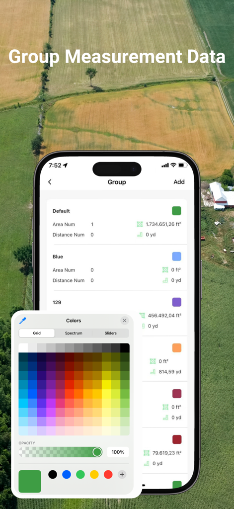 GPS Area Measure: GLandGo - Interfaz de la aplicación GLandGo que muestra datos de medición de terrenos agrupados con un menú de personalización de colores sobre un campo aéreo