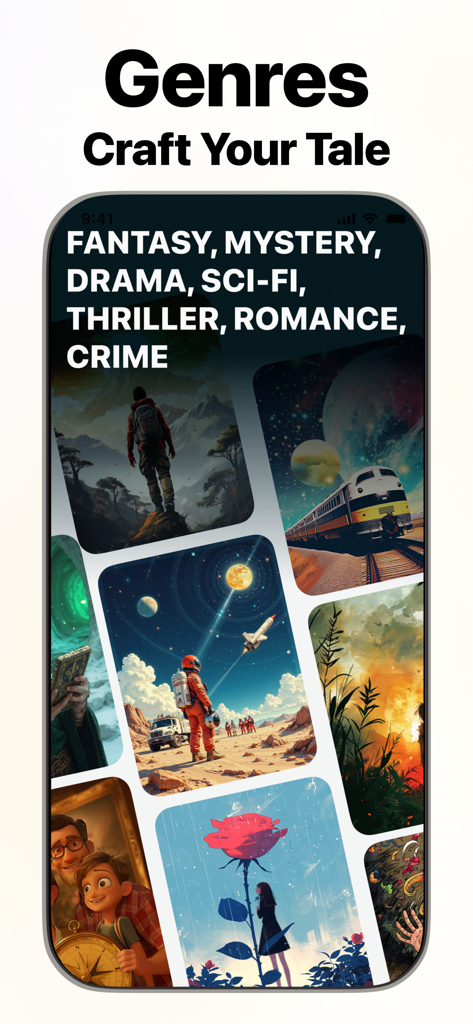 NovelAI | AI Story Generator - Uma tela móvel mostrando vários gêneros de histórias como Fantasia e Romance no aplicativo NovelAI.