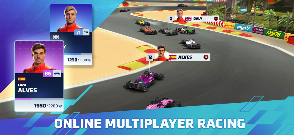 Online multiplayer racing gameplay in Motorsport Manager Online 2024 showing 3D cars and driver profiles