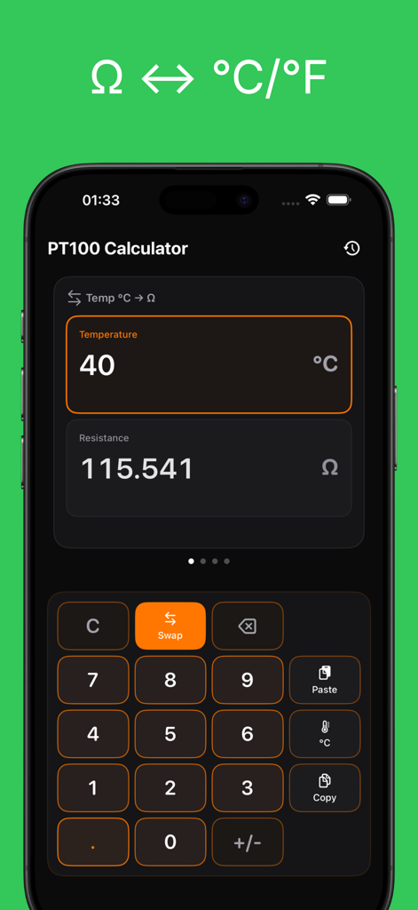 PT100 Calculator - PT100-Rechner-Mobil-App-Oberfläche, die die Umrechnung von Temperatur in Widerstand für RTD-Sensoren zeigt.