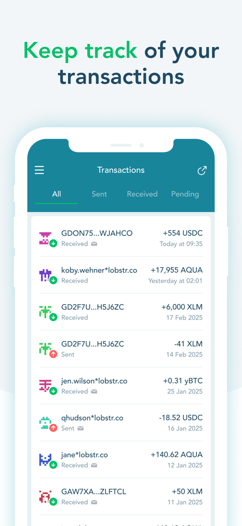 Oberfläche der LOBSTR Wallet, die eine Liste der letzten Kryptowährungstransaktionen einschließlich Stellar XLM und USDC zeigt.