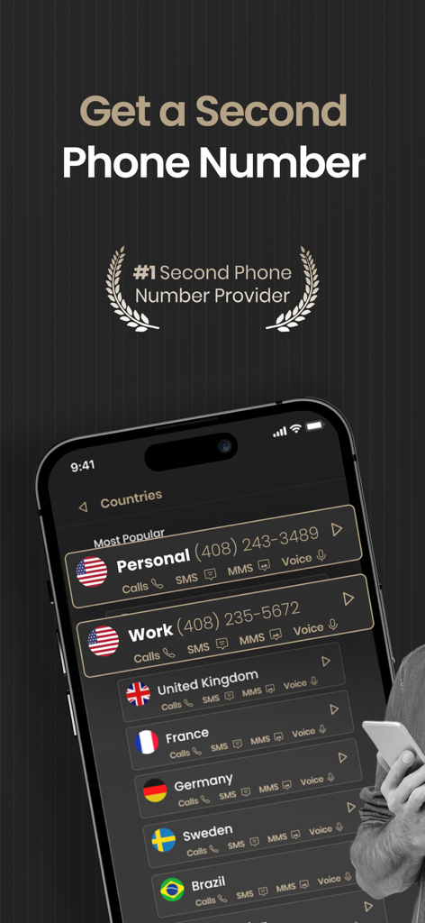 2nd Line+ Second Phone Number - App screen showing virtual phone numbers from USA UK and Europe