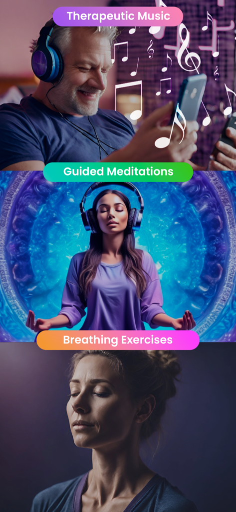 Aloharmony - Captura de pantalla de la aplicación Aloharmony que muestra tres funciones principales: música terapéutica, meditaciones guiadas y ejercicios de respiración con personas usando auriculares y meditando.