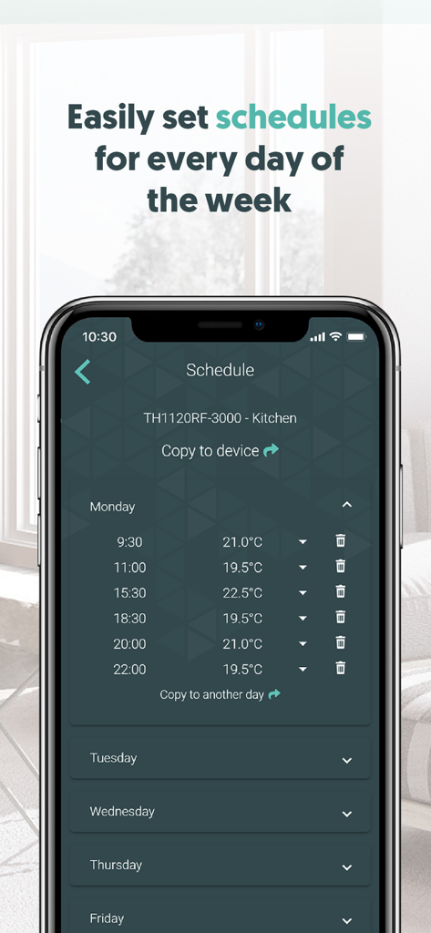 Sinopé Neviweb - A smartphone screen displaying the daily temperature schedule for a kitchen thermostat in the Sinopé Neviweb app