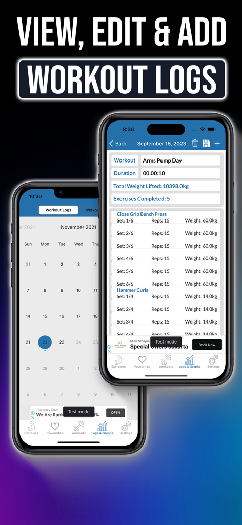 Gym Exercises & Workouts - Una interfaz de aplicación móvil que muestra un calendario de registro de entrenamientos y seguimiento detallado de ejercicios con series y pesos.