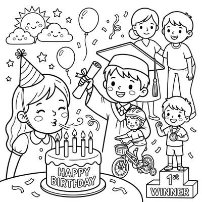 Commemorate those precious firsts and achievements with this delightful Childhood Milestones coloring page. Designed for kids aged 4-8, it’s a perfect way to engage little ones in creative celebration.