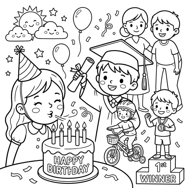 Commemorate those precious firsts and achievements with this delightful Childhood Milestones coloring page. Designed for kids aged 4-8, it’s a perfect way to engage little ones in creative celebration.