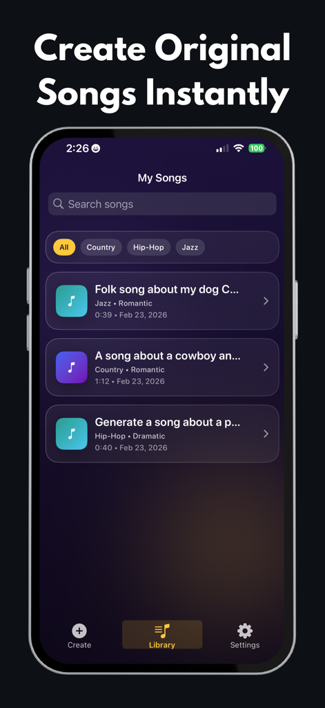 AI Song Generator & Maker - La interfaz de la biblioteca Mis Canciones de la aplicación Generador de Canciones con IA mostrando una colección de pistas generadas por IA.