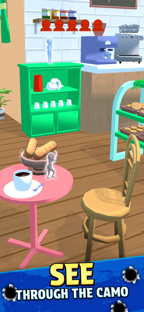 Camo Sniper - Camo Sniper gameplay showing camouflaged enemies hidden in a stylized low-poly cafe environment