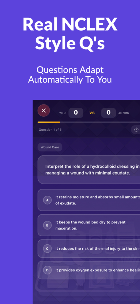 NCLEX Showdown - A mobile interface for NCLEX Showdown showing a multiple choice nursing question about wound care within a head to head competitive match
