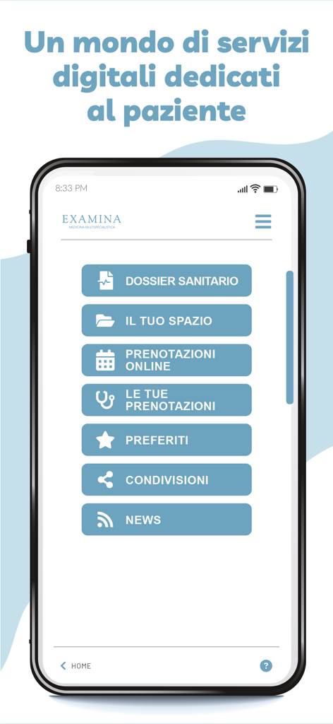 My Examina - Dashboard der My Examina mobilen App mit einem Menü für medizinische Dienste, einschließlich Gesundheitsakten und Online-Buchungen