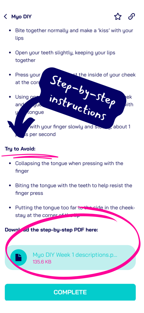 Myo DIY - Step-by-step facial exercise instructions and PDF download in the Myo DIY app