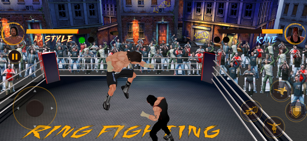 Pro Wrestling Revolution 2025 - Gameplay screenshot of Pro Wrestling Revolution 2025 showing a match between AJ Style and Kane with high-flying moves in a ring
