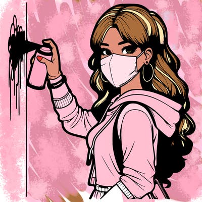 realistic girl with mask spray painting a wall
