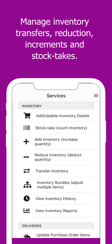 Asset & Inventory Tracker - Mobile Benutzeroberfläche der Ventipix-App, die Inventarverwaltungsdienste anzeigt, einschließlich Bestandsaufnahmen und -übertragungen.