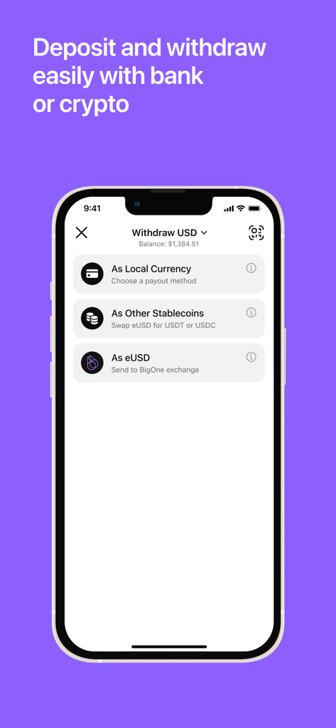 Sentz – The Global Payment App - A screenshot of the Sentz app showing USD withdrawal options to local currency or stablecoins like USDT and USDC